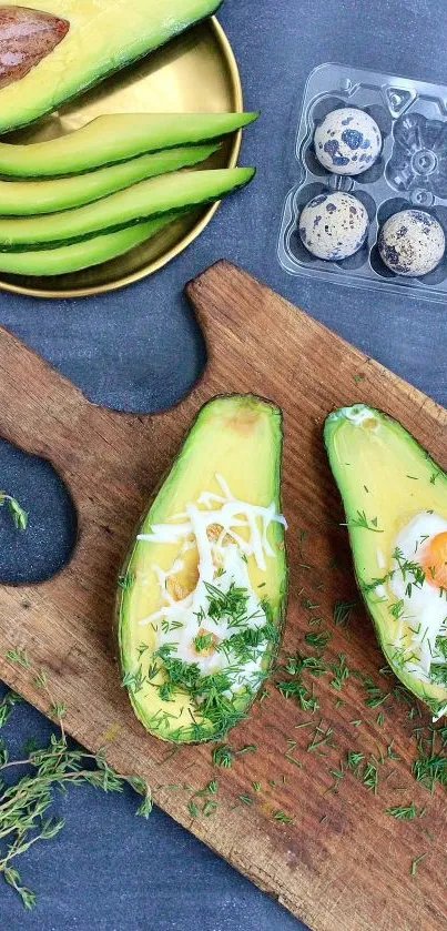 Aesthetic avocado and egg display with herbs on a rustic board.