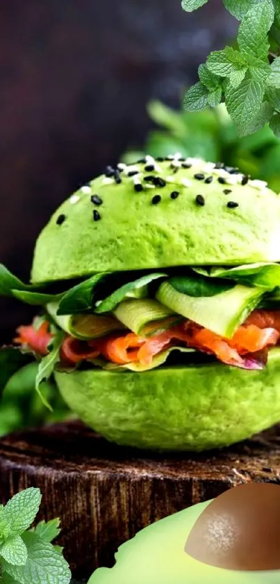 Vibrant green avocado burger wallpaper with leafy greens.