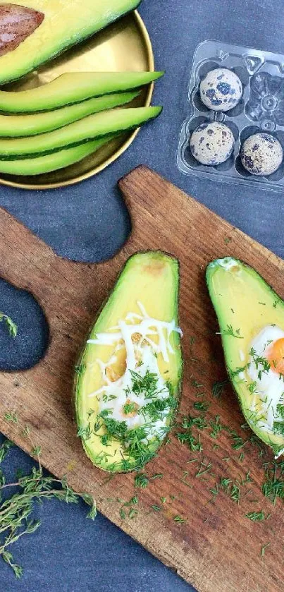 Avocado halves on board with quail eggs and herbs.