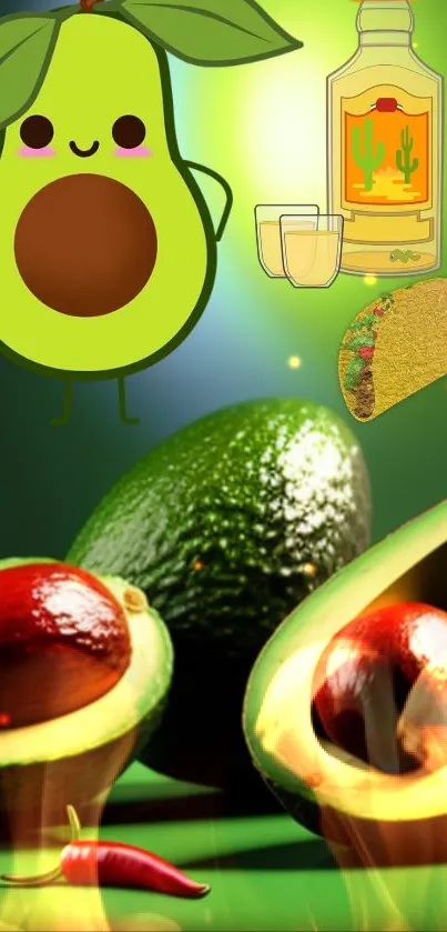 Cartoon avocado wallpaper with tequila, tacos, and vibrant greens.