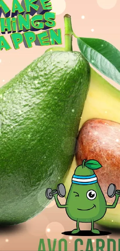 Avocado themed motivational phone wallpaper with cute fitness character.