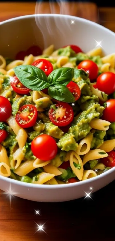 Bowl of avocado pasta with cherry tomatoes and basil.