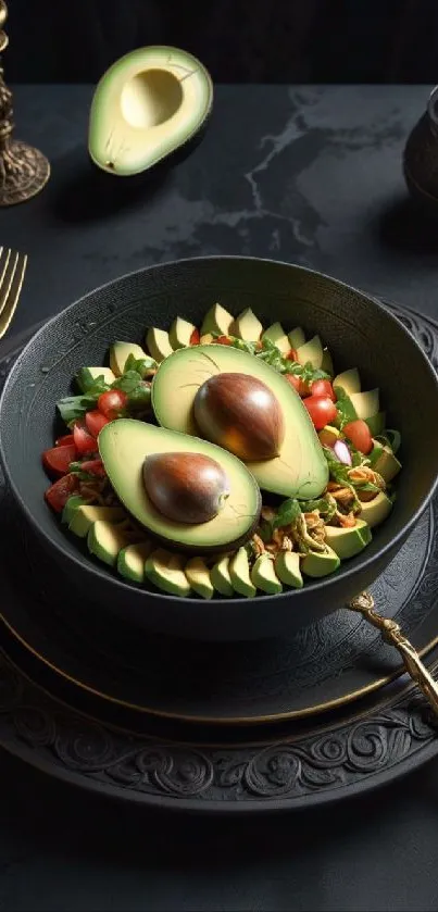Vibrant avocado salad bowl on ornate plates with dark background.