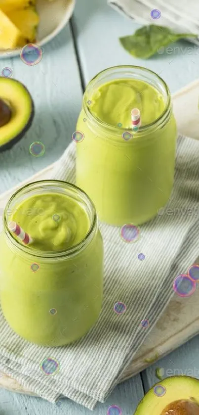 Avocado smoothie with pineapple slices on a board.