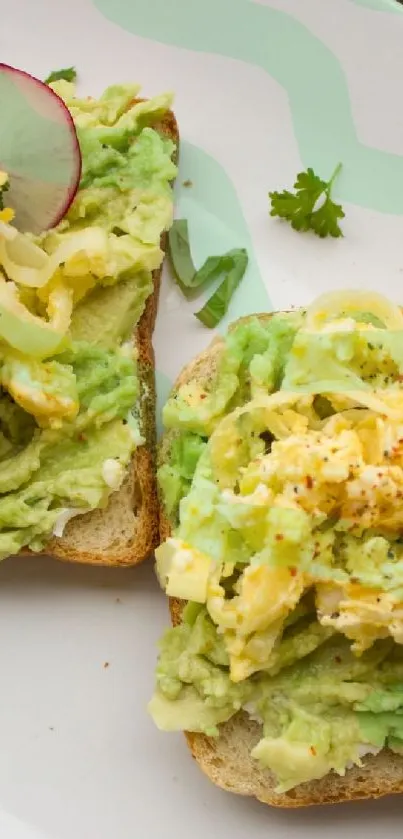 Avocado toast with eggs and radish on white plate.