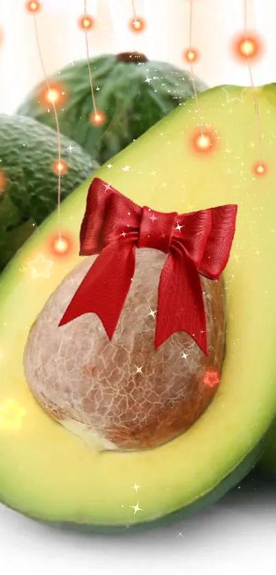 Avocado with red bow and glowing lights on wallpaper.