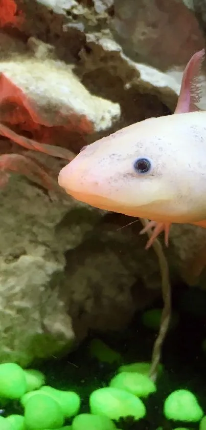 Axolotl near rocks with neon green pebbles.