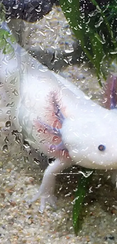 Axolotl in aquarium with plants and sandy floor.