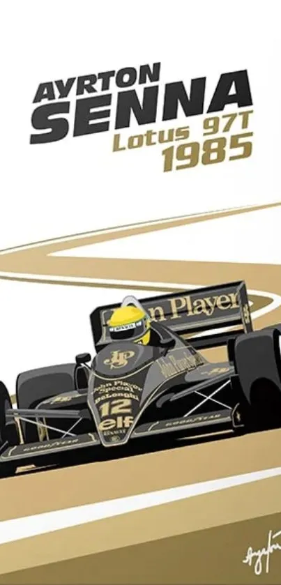 Illustrated F1 racing car featuring Ayrton Senna's Lotus 97T from 1985.