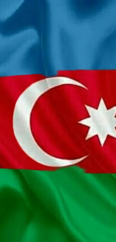 Azerbaijan flag with crescent and star on vibrant tricolored background.