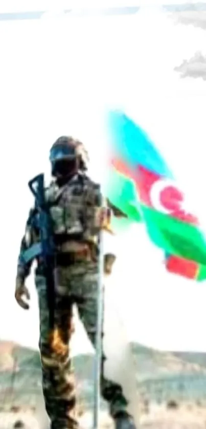 Azerbaijani soldier with flag in a scenic landscape.