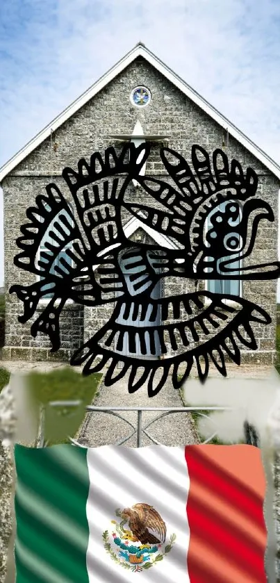 Aztec pattern on stone house with Mexican flag.