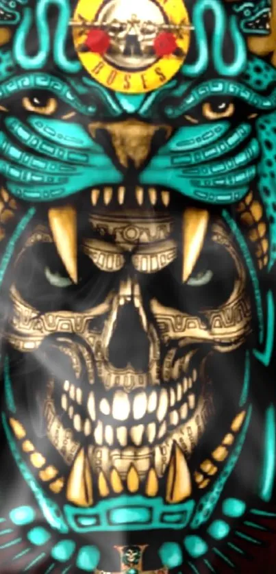 Aztec-inspired wallpaper with skull and turquoise jaguar design.