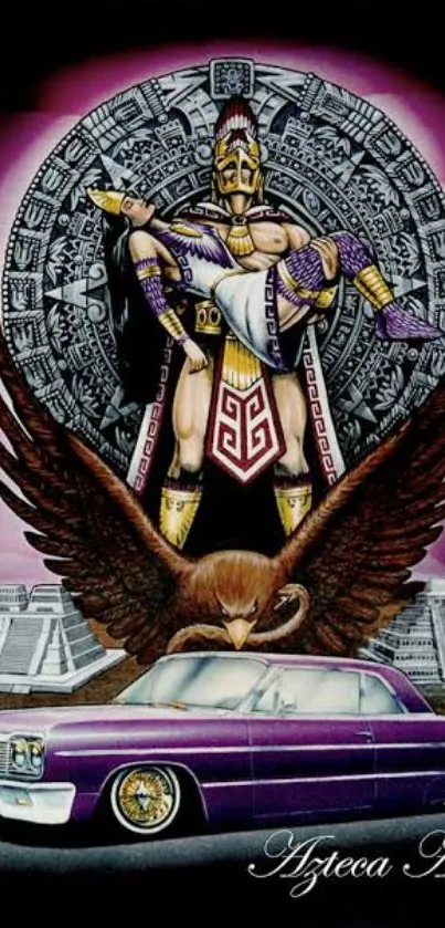 Aztec warrior with car and symbolic art in purple theme.