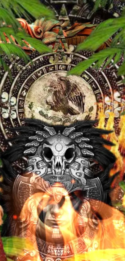 Vivid Aztec warrior with flames and symbols in a striking mobile wallpaper.