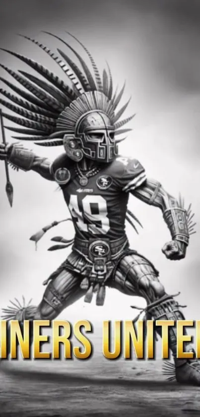 Aztec warrior in football attire with gold text 'NINERS UNITED'.