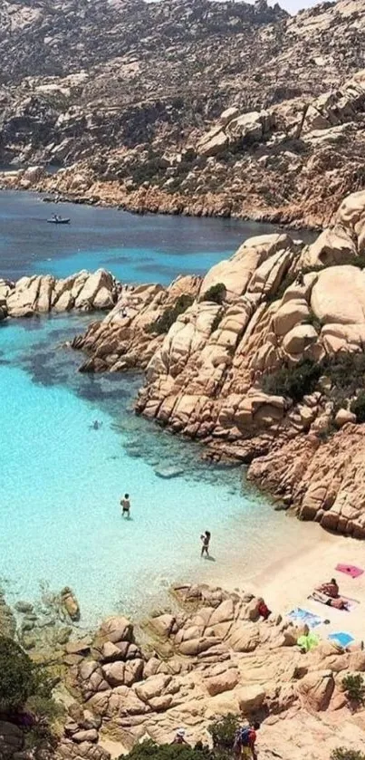 Serene azure beach with cliffs and bathers.