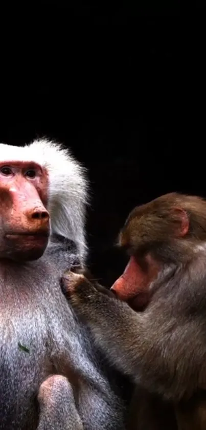 Two baboons with a dark backdrop, ideal for mobile wallpaper.