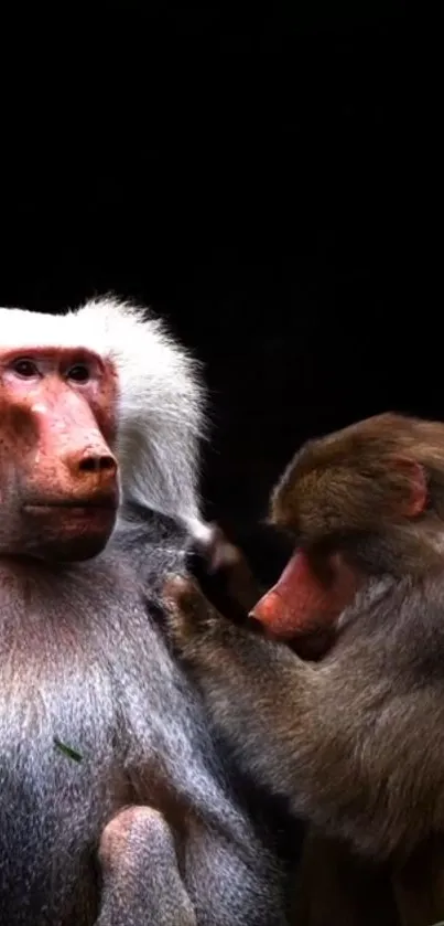 Two baboons grooming each other in a calm setting on a dark background.