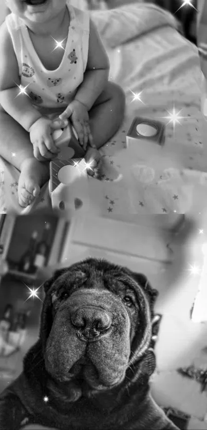 Monochrome image of a smiling baby and relaxed dog with sparkles.