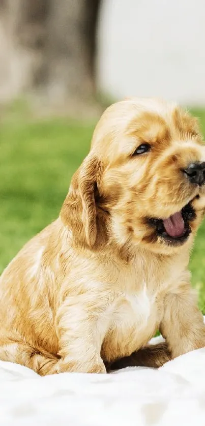 Adorable baby with puppy in green garden.