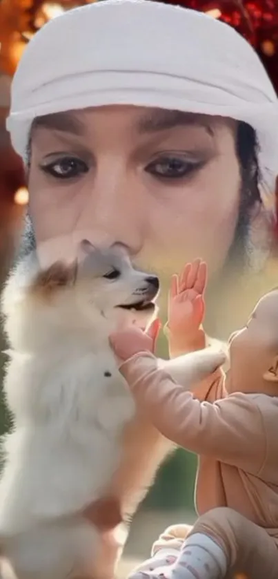 Cute baby playing with fluffy puppy with human face overlay.