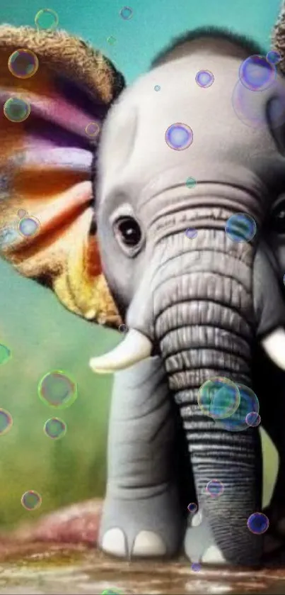 Charming baby elephant with vibrant ears in artistic wallpaper.