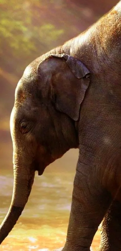 Gentle baby elephant in a sunlit stream with vibrant earth tones.