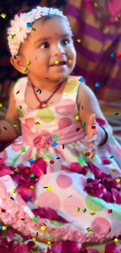 Baby wearing colorful dress and surrounded by petals.