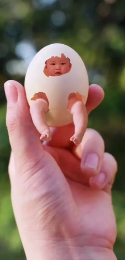 Surreal image of a baby inside an egg held by hand.