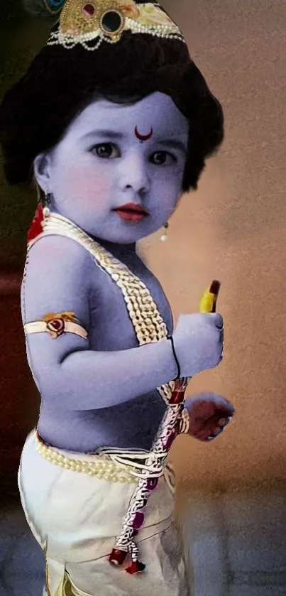 Mobile wallpaper of Baby Krishna in blue, with spiritual and cultural elements.