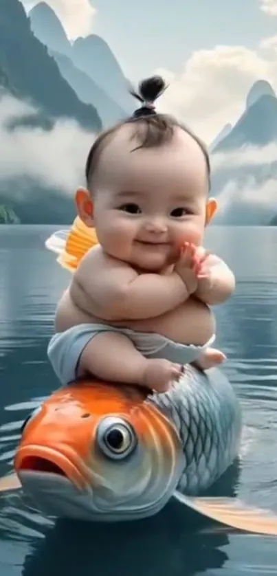 Baby sitting on a fish in a scenic mountain lake setting.