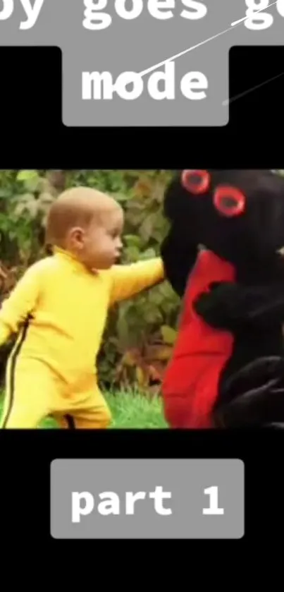 Baby in yellow outfit with toy dragon in garden.