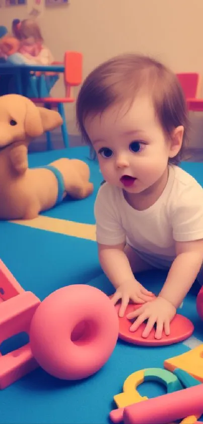 Adorable baby playing on bright blue mat with colorful toys in background.