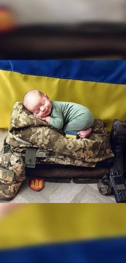 Baby peacefully sleeping on military gear with Ukrainian flag backdrop.