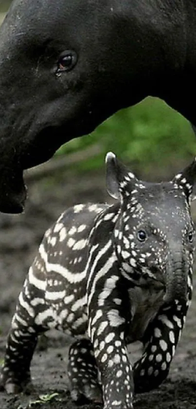 Cute baby and parent tapir in black background wallpaper.