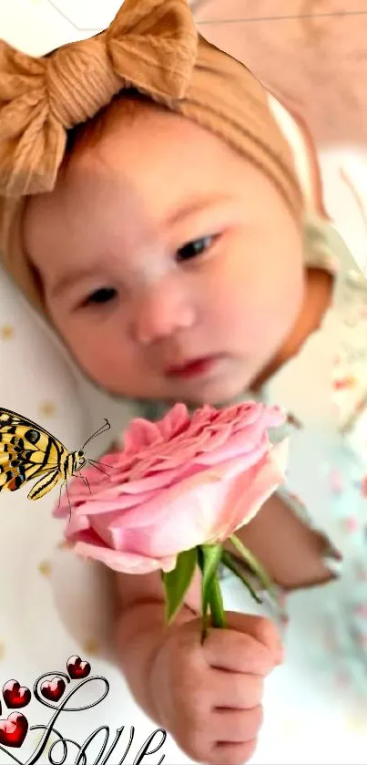 Baby holding rose with butterfly, cute wallpaper.