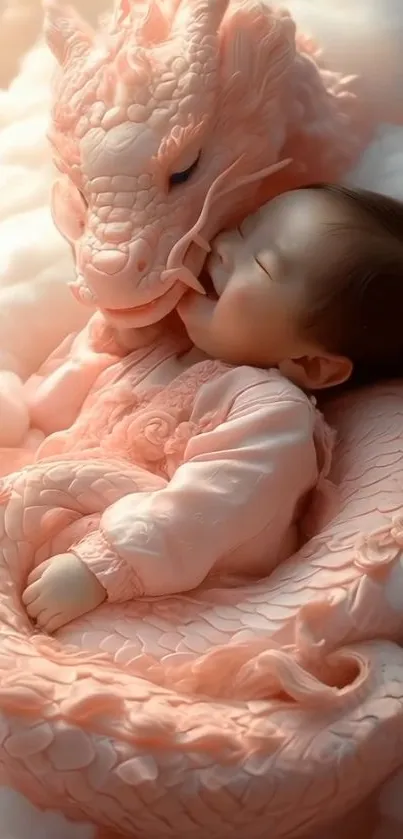 Baby sleeping with a gentle dragon on fluffy clouds.