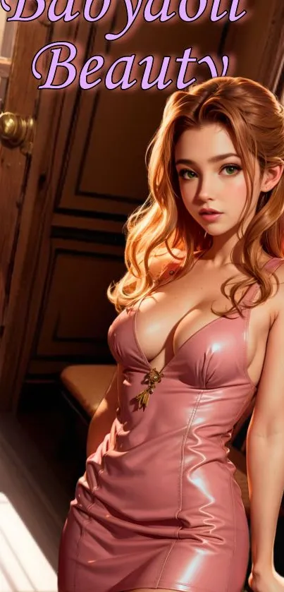 Beautiful anime girl in a pink dress with doll-like features.