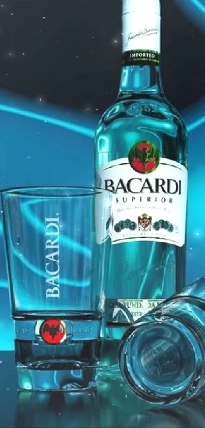 Vibrant Bacardi bottle with glass and turquoise background.