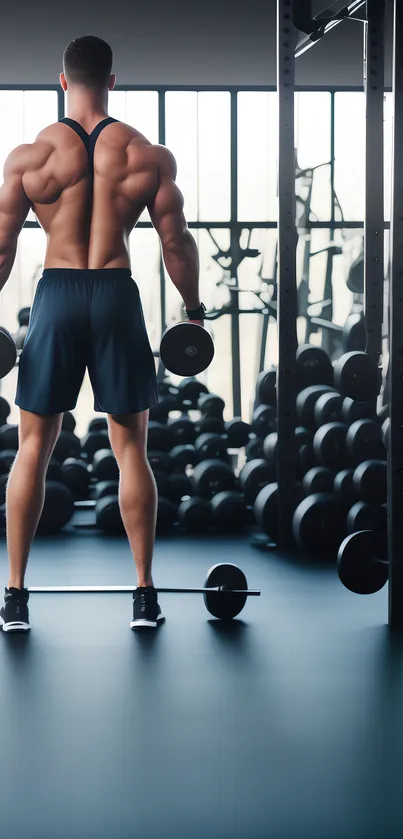 Muscular athlete in gym lifting dumbbells for back workout.