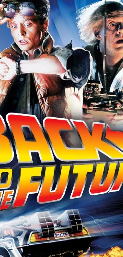 Back to the Future movie wallpaper with main characters and logo.