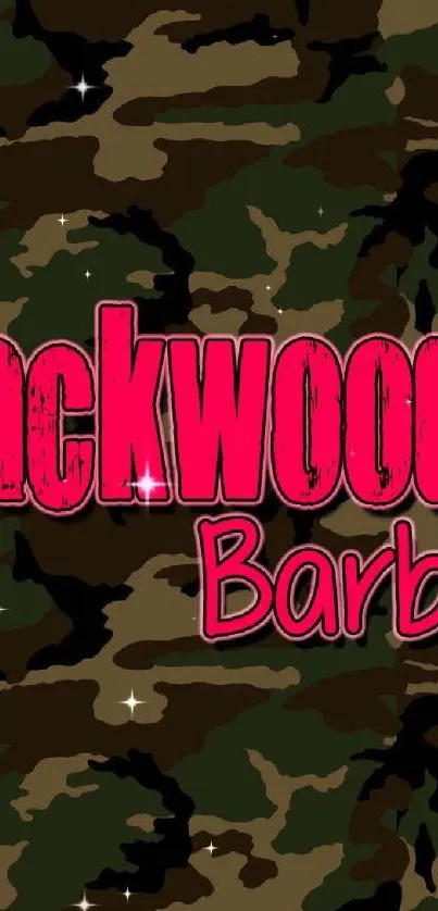 Backwoods Barbie camo wallpaper with bold pink text.