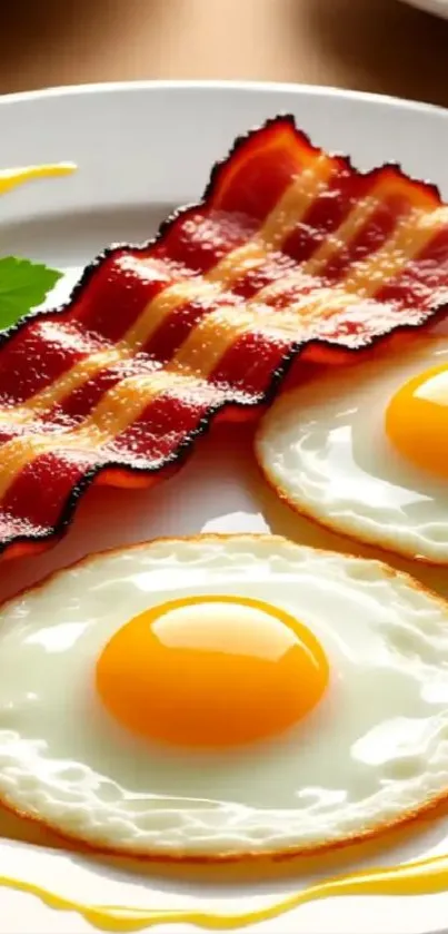 Bacon and eggs on a white plate.