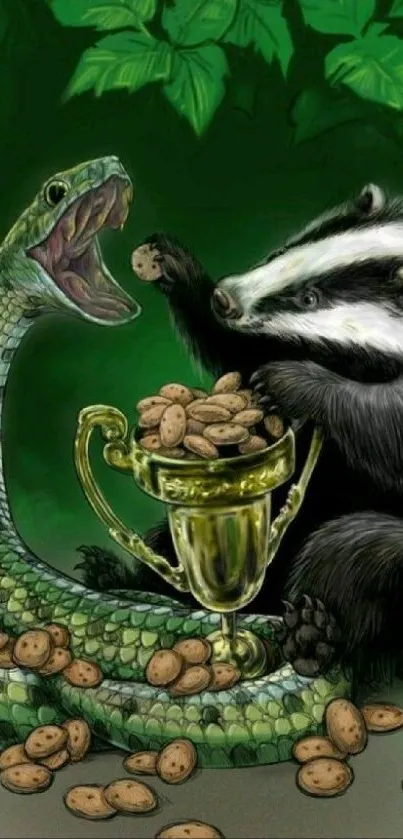 Illustrated badger and snake with a trophy in a forest scene.