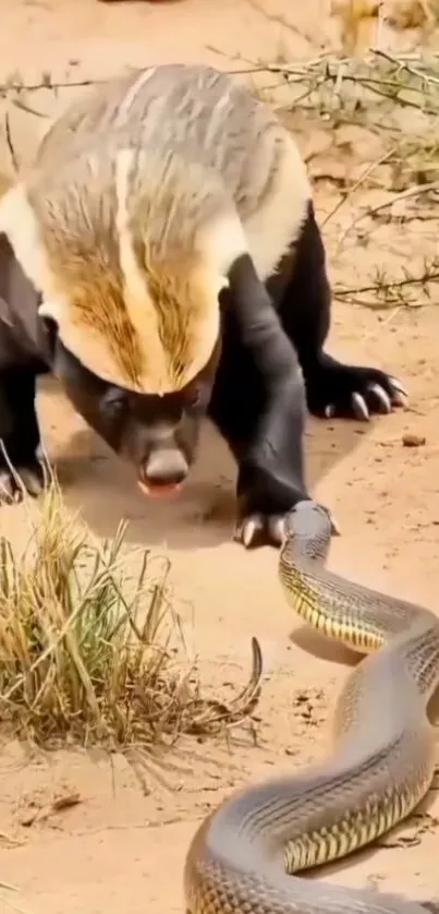 Badger facing off against a snake in the desert.