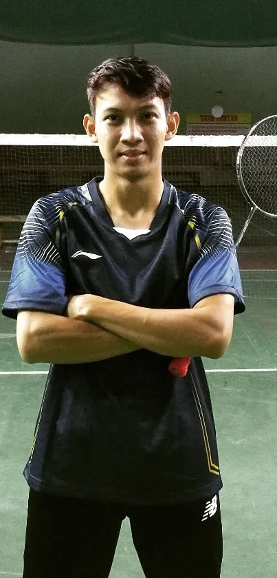 Badminton player standing on indoor court with a racket.