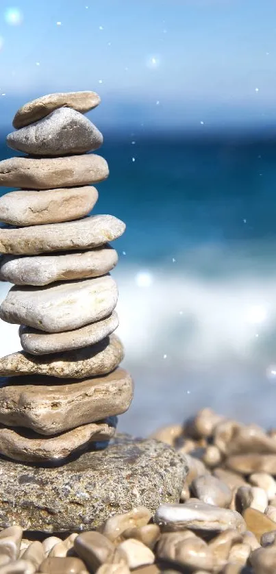 Stack of stones by the sea with a blue ocean background.