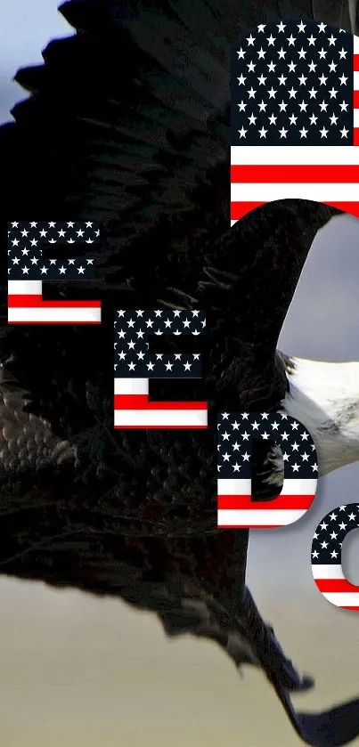 Bald eagle flying with freedom text and US flag design.