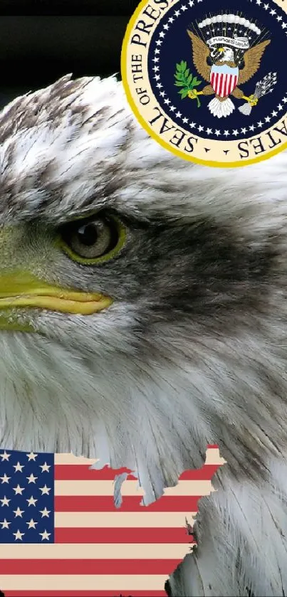 Majestic bald eagle with US flag and emblem on green background.